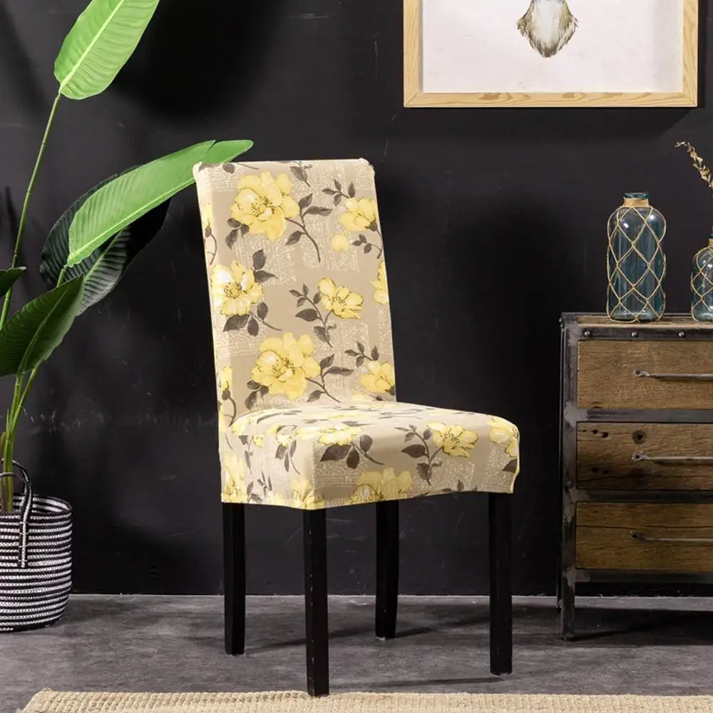 

Yellow Flowers Nordic Light Tan Print Chair Cover Slipcover Spandex Polyester Stretch Elastic Seat Case Wedding Banquet