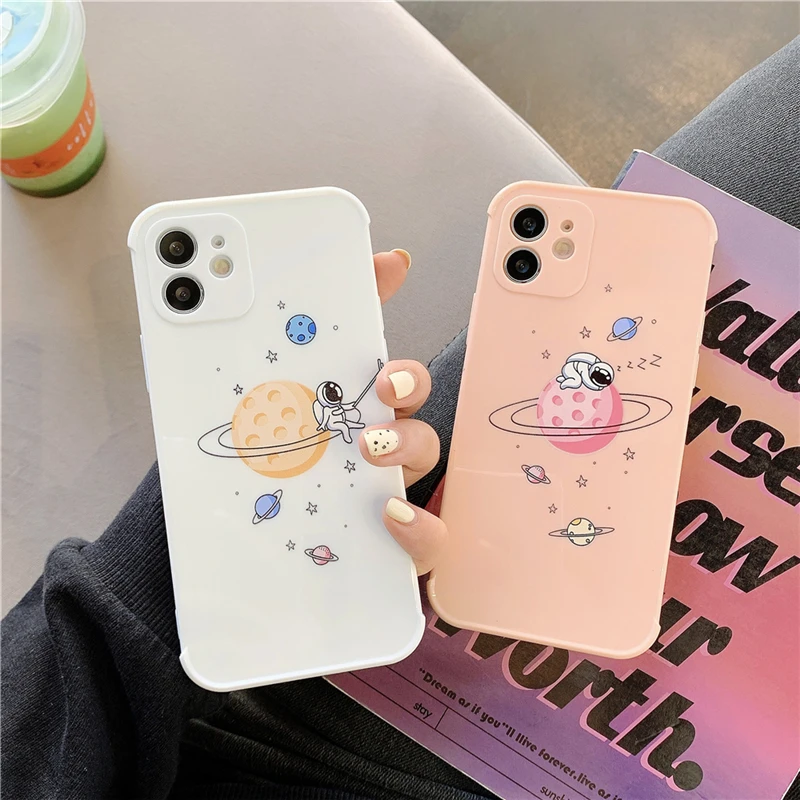 

Cute Astronaut Soft Silicone Case For iPhone 12 Mini 11 Pro X XR XS Max SE 2020 Planet Star Bumper For 7 8 Plus Shockproof Cover