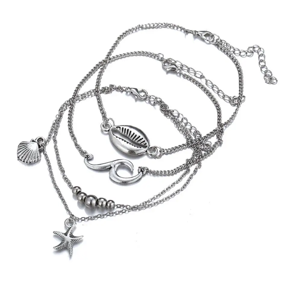Набор ножных браслетов 4 слоя 3 шт./набор сплав Морская звезда морская волна