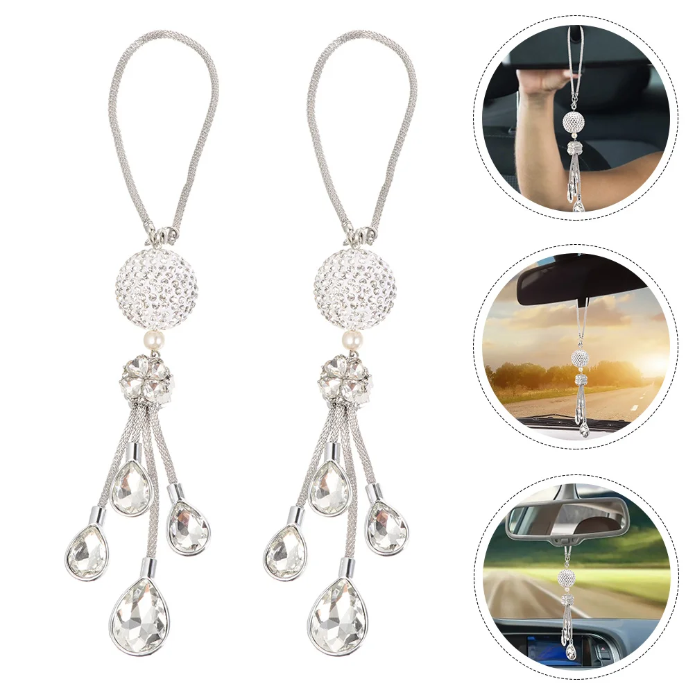 

2Pcs Rearview Mirror Rhinestone Pendant Metal Car Interior Hanging Decor White