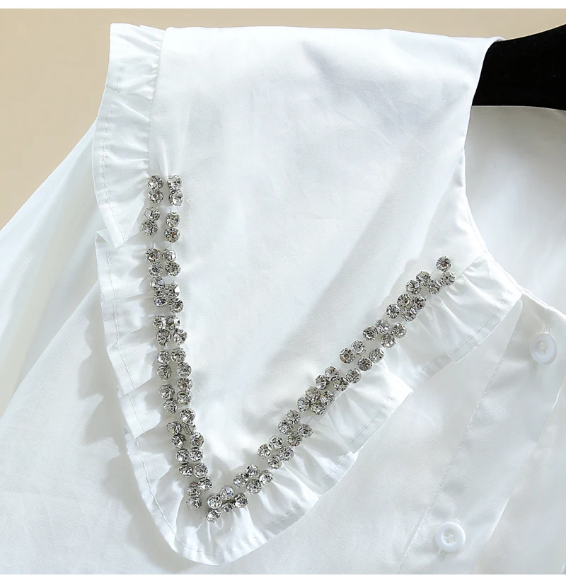 

2021 Spring Autumn Korean Loose Slim Solid Ladies Shirt Exquisite Rhinestone Ruffle Doll Collar Long Sleeve Casual Blouse Top