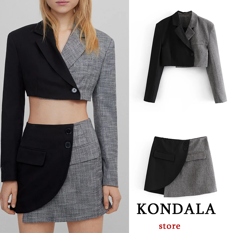 

KONDALA Women's Blazer Za Fashion 2021 Vintage Patchwork v Neck Jackets Female Pockets England Style Short Blazer Mujer Tops