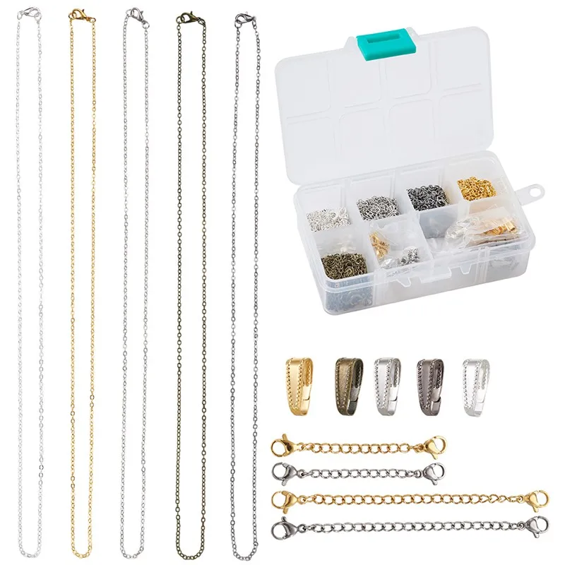 

1 Set Brass Cable Chains Necklace Makings Snap on Bails 304 Stainless Steel Chain Extender Curb Chains and Lobster Claw Clasps