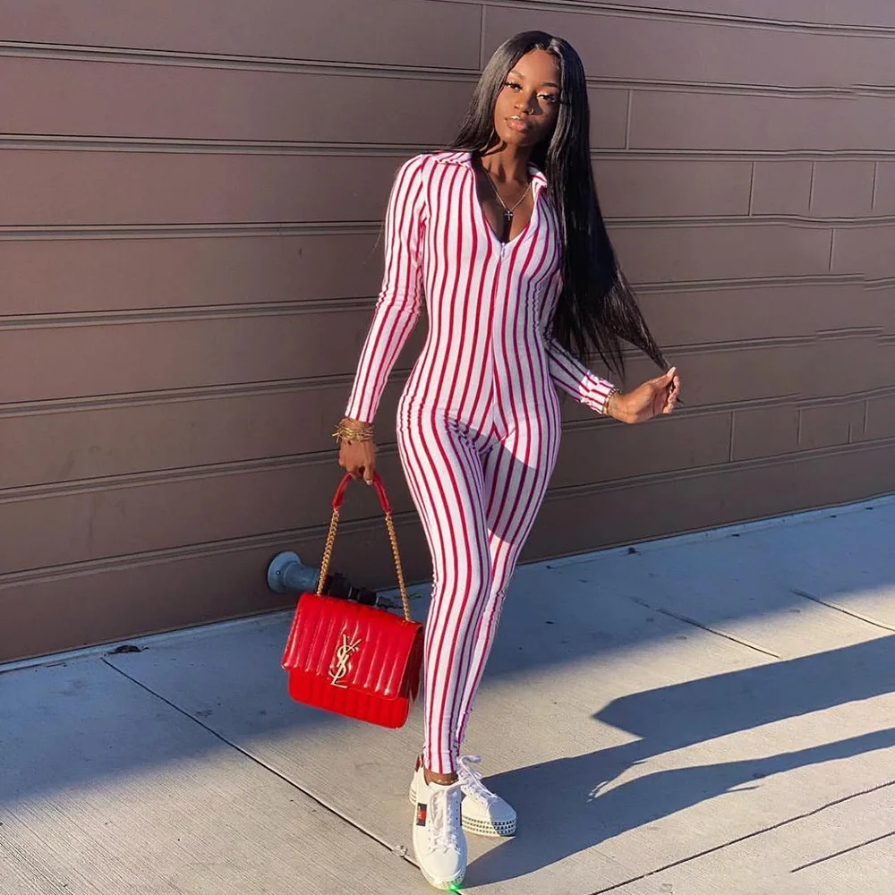 

Summer New Sexy Casual Party Club Women's Lapels V Collar Long Sleeved Sports Tight Knit Striped Trousers Jumpsuit Bodycon