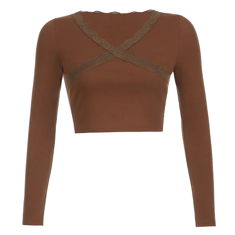 

2021 New Women's European and American Style Retro Brown Lace Stitching V-neck Long-sleeved T-shirt Blouse