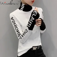 fall winter european clothes tshirt chic patchwork letter thick broshed long sleeve brushed cotton tops new 2021 tees t00514a