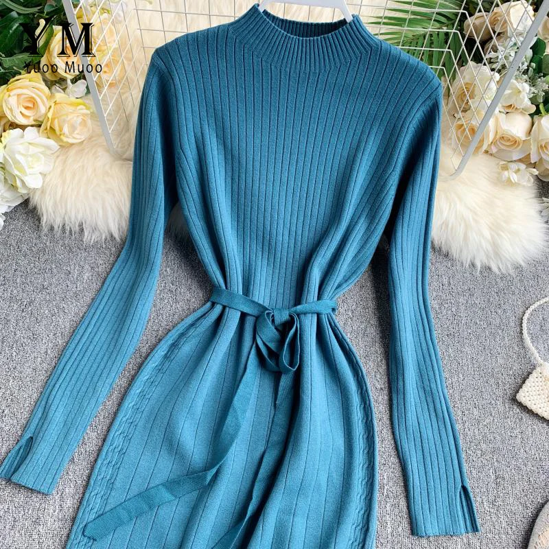 YuooMuoo Good Quality Comfy Elegant Bandage Women Dress Autumn Winter Knitted Sweater Female Midi Pink Ladies | Женская одежда