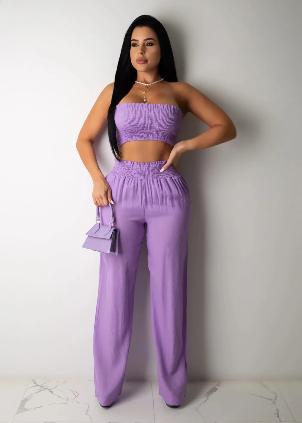 

Sleeveless Pleated Tube Tops 2 Piece Women's Set Long Loose Pants Female Sets 2021 Summer New Fashion Streetwear Ladies Suit