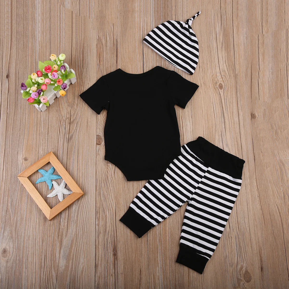 Brand New Little Brother Newborn Toddler Baby Boy Black Stripe Short Sleeve Romper+Long Leggings Hat Outfits Set |