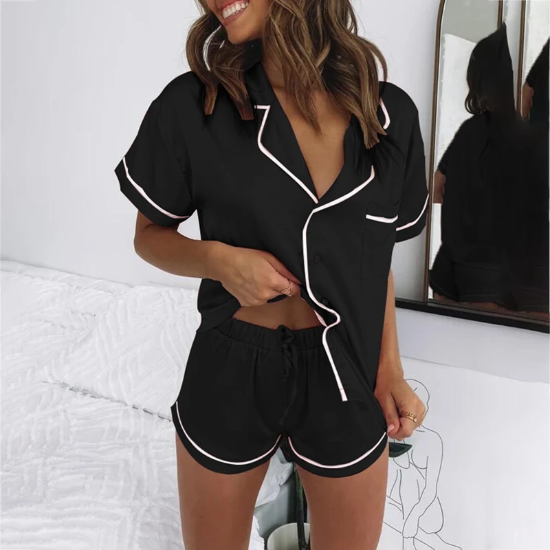 

Satin Pajamas Suit Women's Sleepwear Short Sleeve Button Shorts Two Piece Pajamas Set S-XL Comfortable Loungewear Homewear