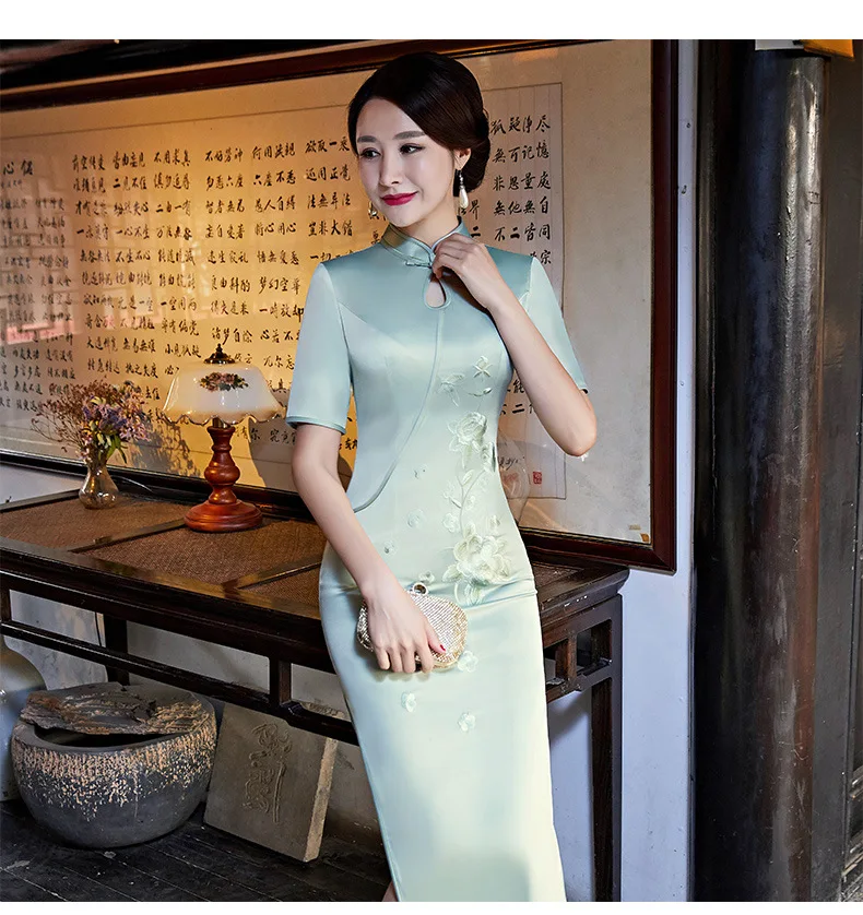 Новое Элегантное зеленое традиционное китайское женское винтажное платье-Ципао