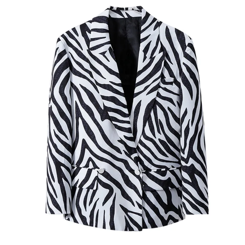 

DEAT New Autumn And Winter Fashion Long Sleeve Notched Slim Fit Zebra Print Casual Medium Length Loose Blazer Coat Woman SG076
