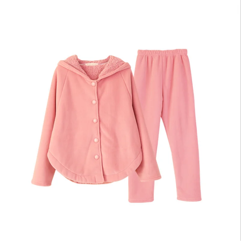 Winter Women Causal Loosen Pajama sets Female Thick Warm Lambs Sleepwear suit Long Sleeve Hoodie collar Coat &amp Pants | Женская одежда