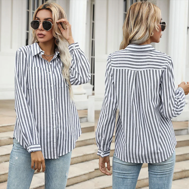 

2021 Autumn New Women's Single Breasted Striped Lapel Long Sleeve Bottomed Blouse Button Up Shirt Women Fashion Korean Clothes