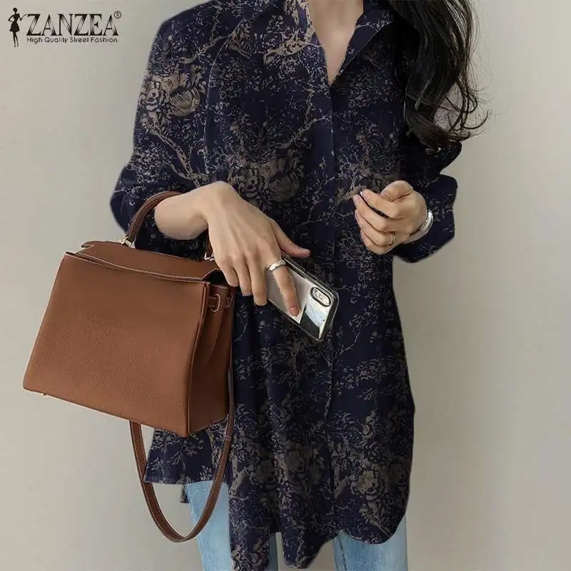 

ZANZEA 2022 Autumn Stylish Blouse Women Loose Lapel Long Sleeve Button Blusa Femme Tops Floral Printed Shirt Clothing Chemise