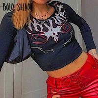 bold shade pattern print long sleeve navel crop tops indie aesthetic women crewneck t shirts gothic fashion 90s tee autumn basic