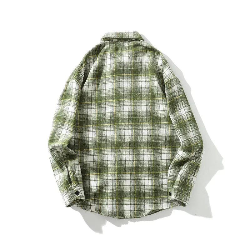 Men Shirt Thick 2021 New Arrival Spring And Autumn Pocket Checkered Loose Stripe Male Shirt Korean Style Green Khaki S132