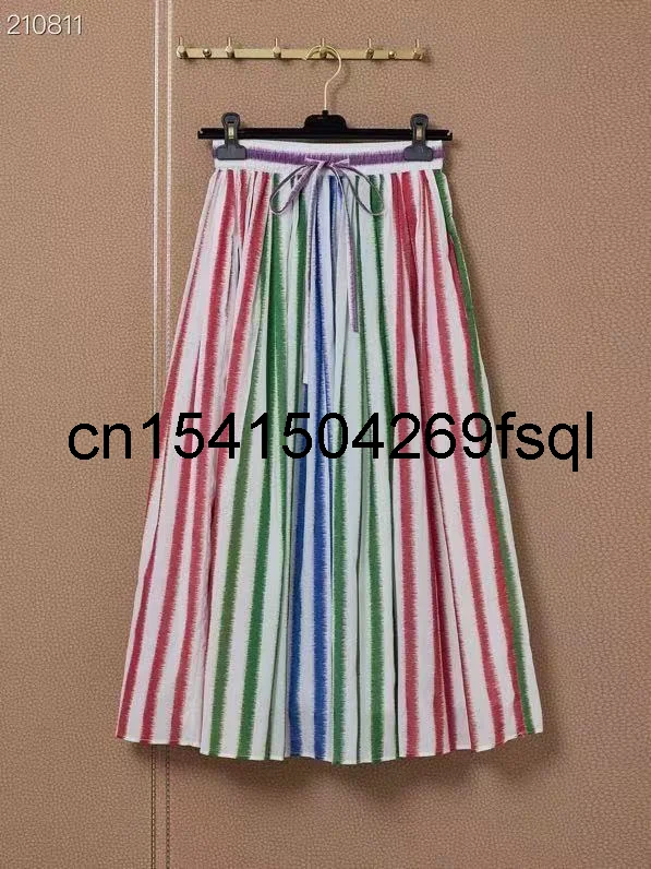 

New 2021 New Runway Designer Summer Midi Skirt Women's Elegant Rainbow Stripes Waist Elastic Bohemian Top Skirt Female