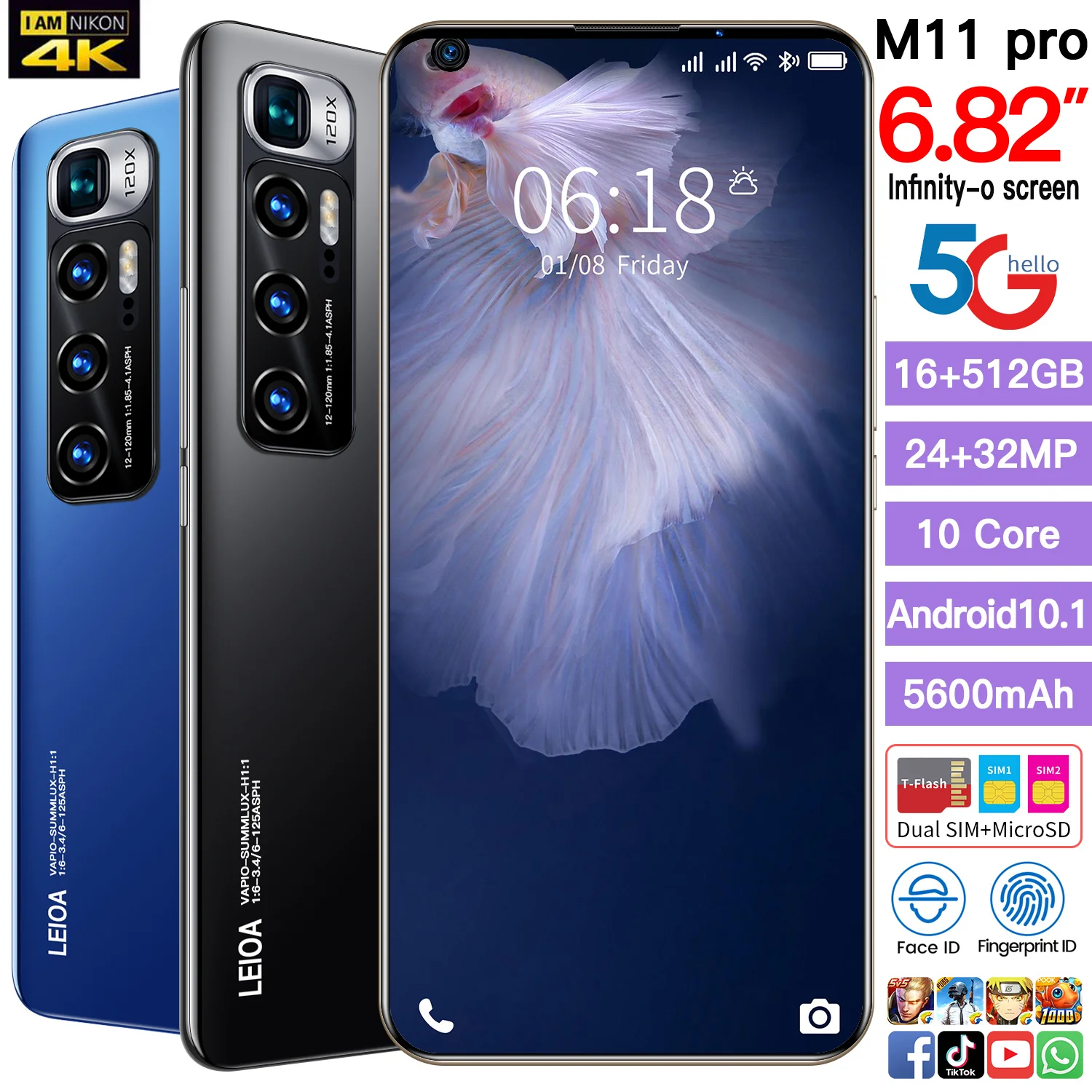 

Smartphone M11 PRO 16GB+512GB 6.82 Inch Big Full Screen 3 Card Slot 24MP+32MP Camera 5600mAh Android 10.1 4G/5G Smartphone