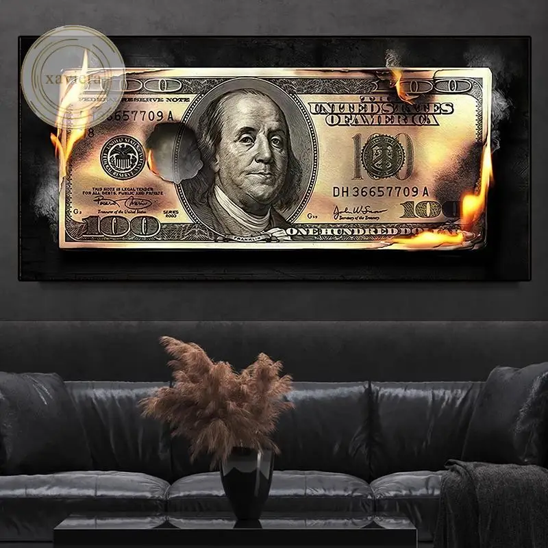 

Burning 100 Dollars Inspirational Quotes Canvas Painting Nordic Abstract Wall Art Poster Vintage Picture for Living Room Decor