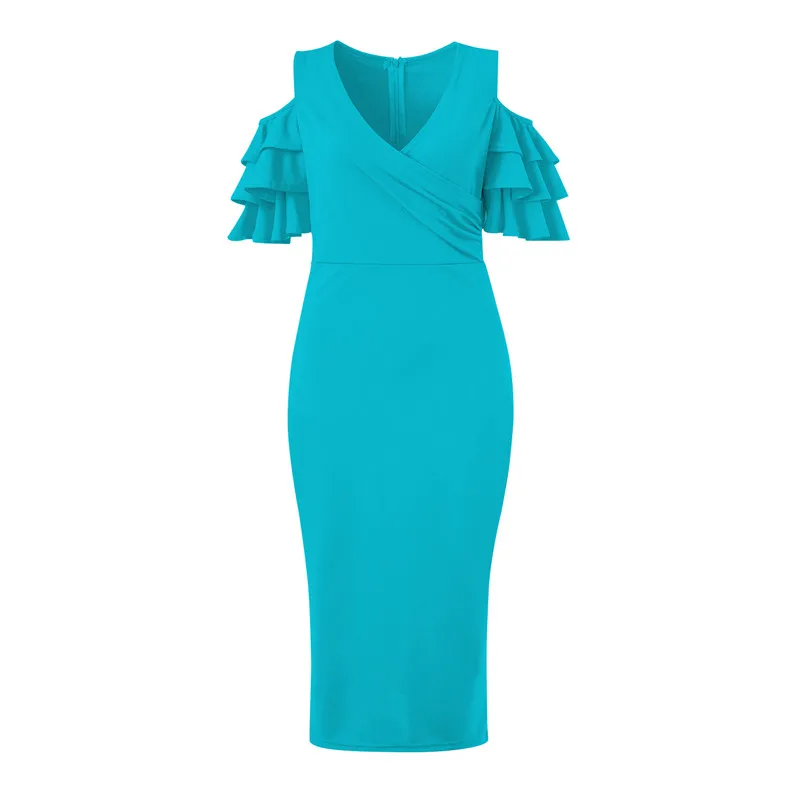 

Elegant Party Dress Women Ruffled Sleeves Cold Shoulder OL Sexy Dress V Neck Empire Split Dress Slim Bodycon Tea Pencil Dress