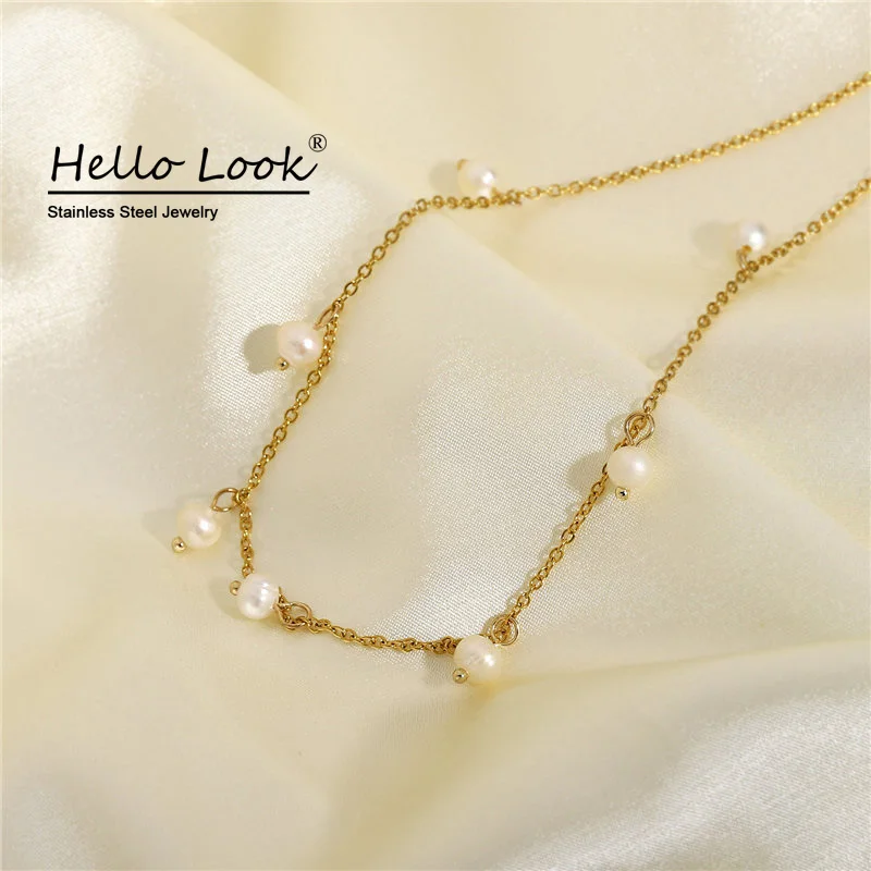 

HelloLook Freshwater Pearl Tassel Necklace 18K Gold Stainless Steel French Women Choker Necklace Fashion Collar