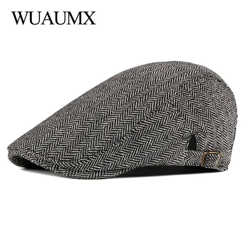 

Wuaumx NEW Retro Mature Men's Hat Tweed Beret Hat For Male Autumn Cotton Visors Herringbone Flat Cap Artist Beret Cap Casquette