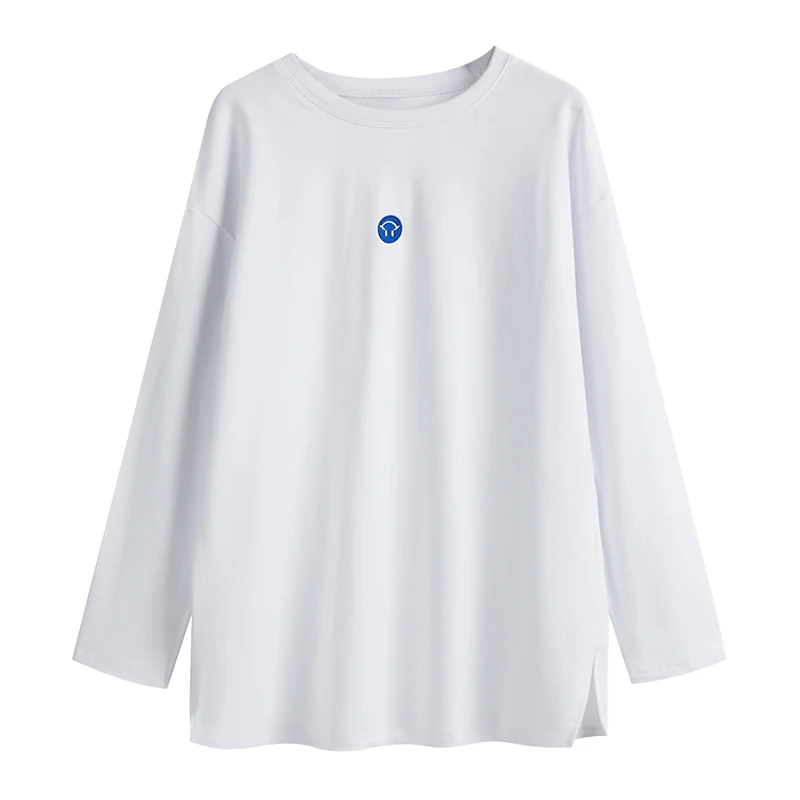 

2021 Spring Autumn New Thickened Matte Blue Embroidered White T-Shirt Loose Medium Length Simple Buttock Covering Base Fashion