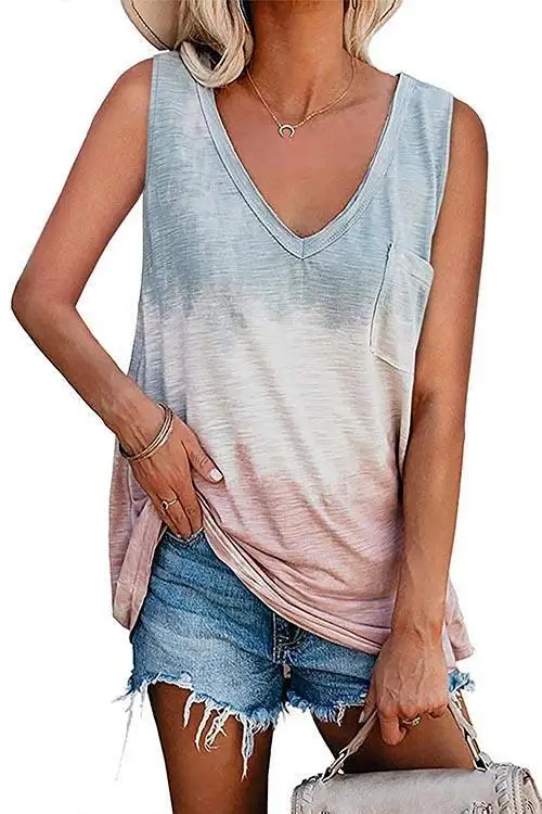 

WEPBEL T-shirt Women's Fashion Printed Loose Pullover Vest Summer Casual Sleeveless V-neck T-shirt Tops