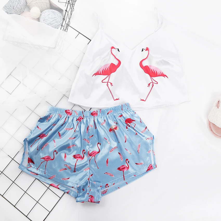 Suphis сексуальная Шелковая пижама с принтом фламинго женская летняя Пижама v