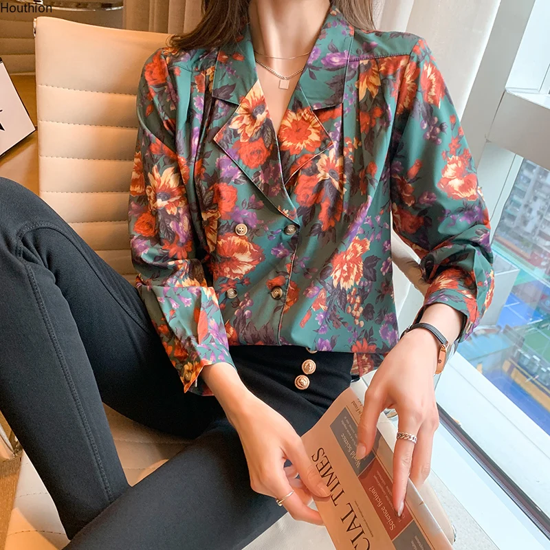 

Houthion New Chiffon Women's Blouses Summer Buttons Lady Full Long Sleeve Top Regular Fashion Shirt Loose Printed Blouse