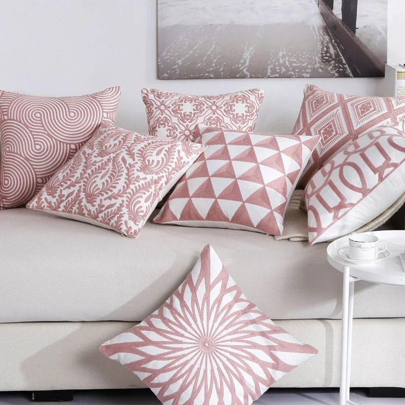 

Pink Embroidery Cushion Cover Geometric Canvas Cotton Suqare Embroidery Pillow Cover