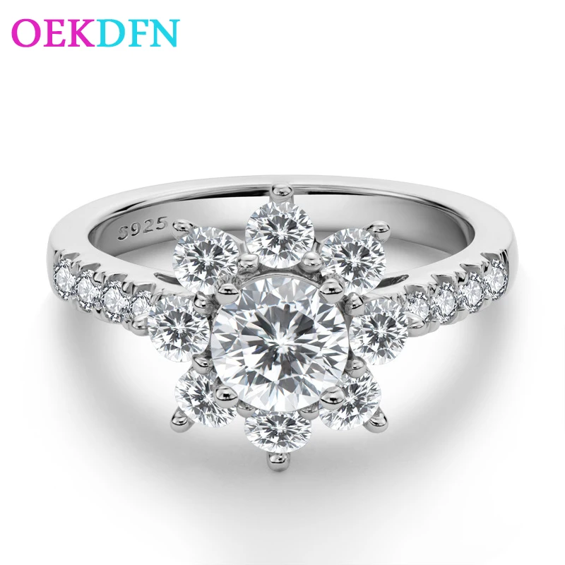 

OEKDFN Real 925 Sterling Silver Rings Women Created Moissanite Gemstone Diamonds Wedding Engagement Flower Ring Fine Jewelry