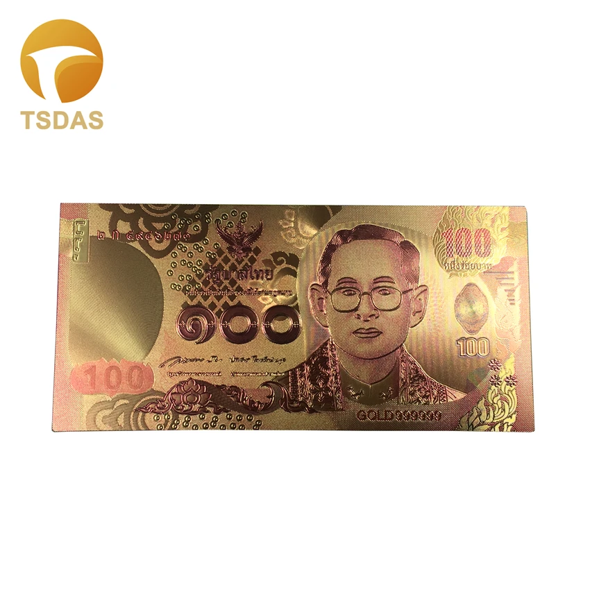 Colored Thailand Banknotes 24K Gold Banknote Plated Fake Money 100 Baht Bank Note for Business Gift 10pcs/lot|banknote gold|banknote billbanknote lot