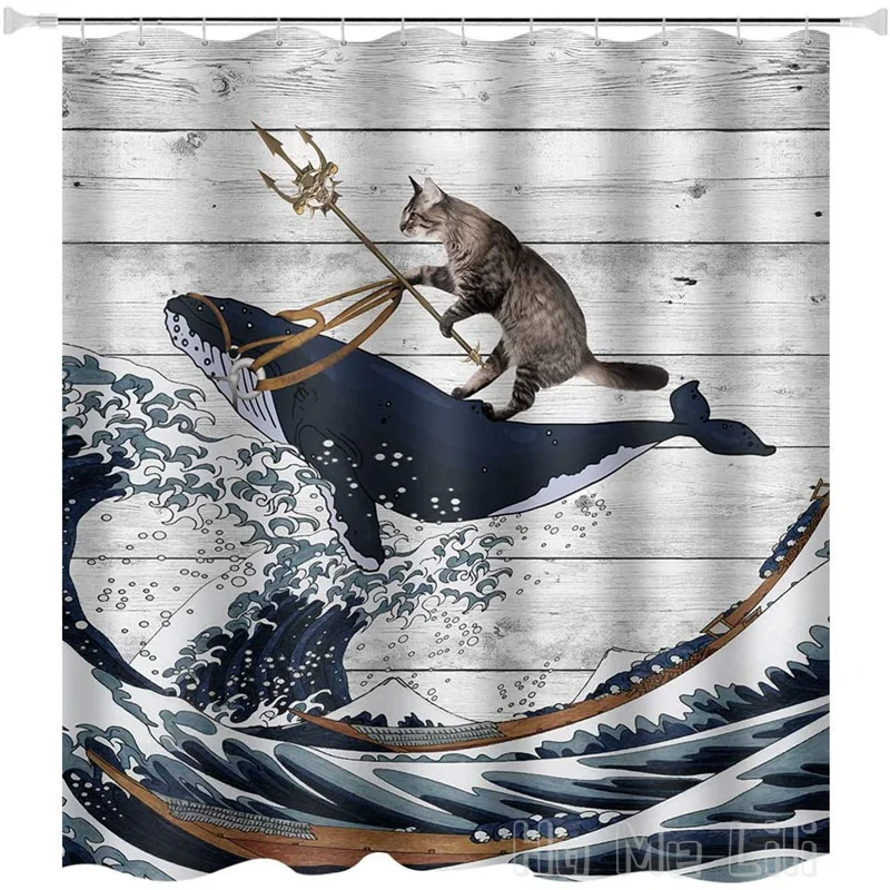 

Animal By Ho Me Lili Shower Curtain Cats Fighting Back Whale Waves Board Bathroom Decoration Set Polyester Fabric With Hook