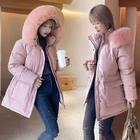 ehqaxin winter womens cotton padded coat fashion hooded big fur collar long sleeved drawstring mid length jacket keep warm m 2xl