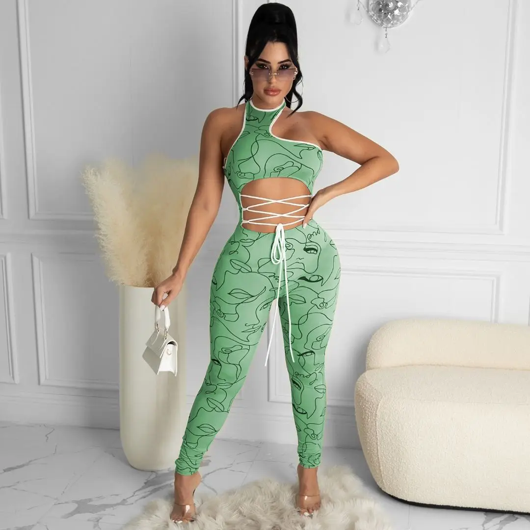 

Sexy Women Jumpsuit Print One Shoulder Bodysuit Fitness Hollow Out Bandage Club Outfits For Women one piece jumpsuit