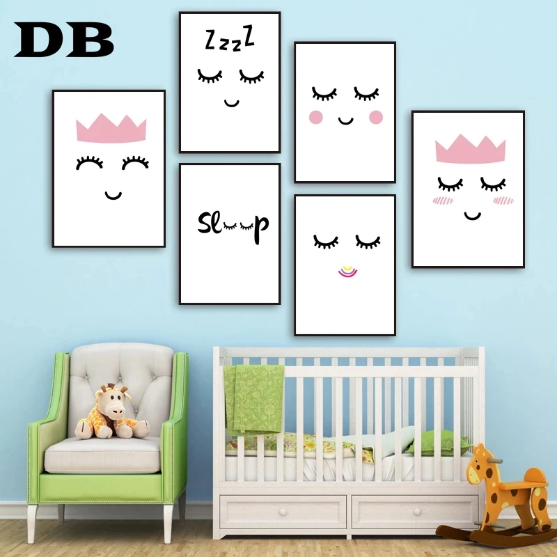 

Eyelash Baby Girl Pink Crown Sleep Nordic Poster Wall Art Canvas Painting Nursery Decoration Pictures Baby Girl Room Home Decor