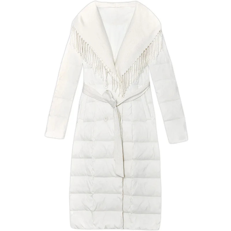 

2021 winter over the knee light and thin personality hooded mid-length down jacket female fringed white cold resistant jacket