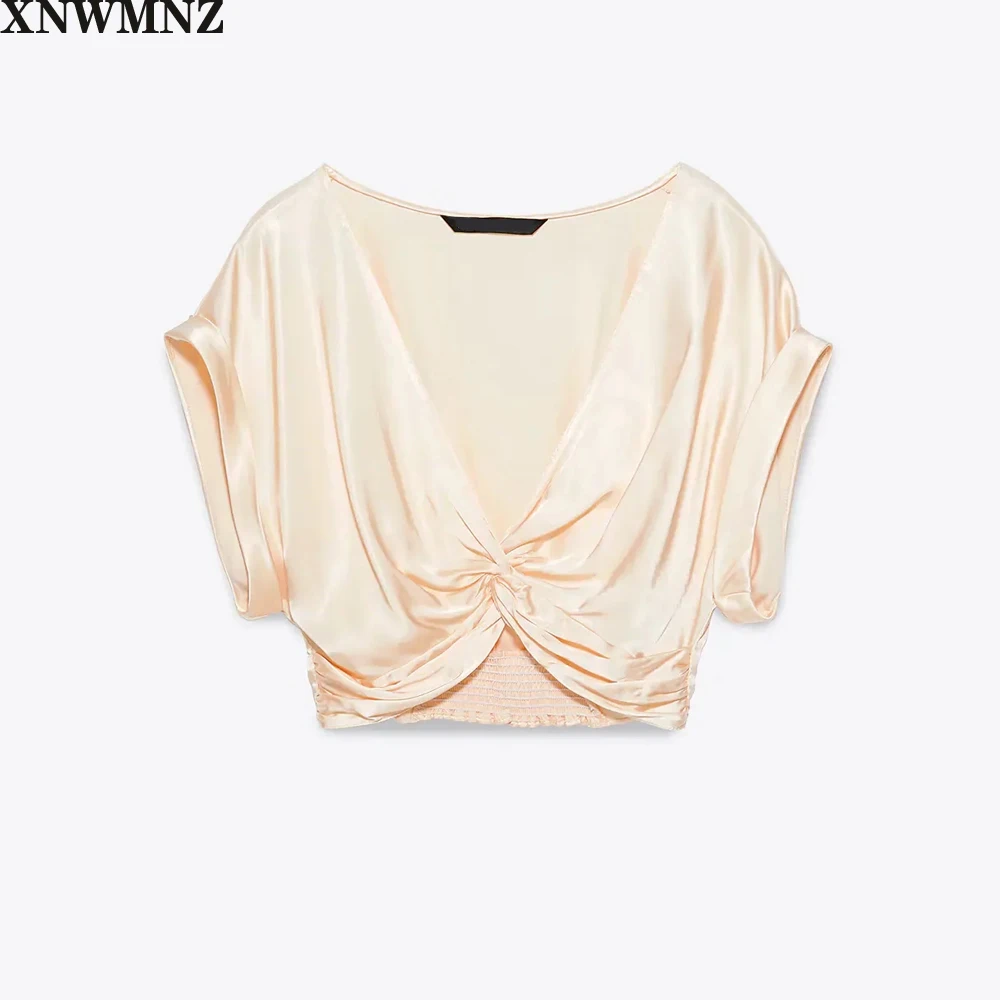 

ZA satin top with knot tangerine V-neck crop top with short turn-up sleeves Shirring on the back and knot detail on the front