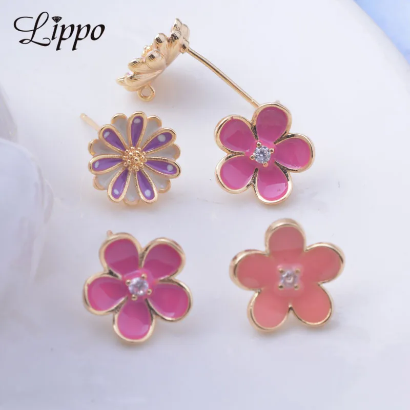 

6pcs High-quality Gold Color Enamel Daisy Plum blosson Earring Setting Connector Charms Zircon Earrings DIY Jewelry Findings