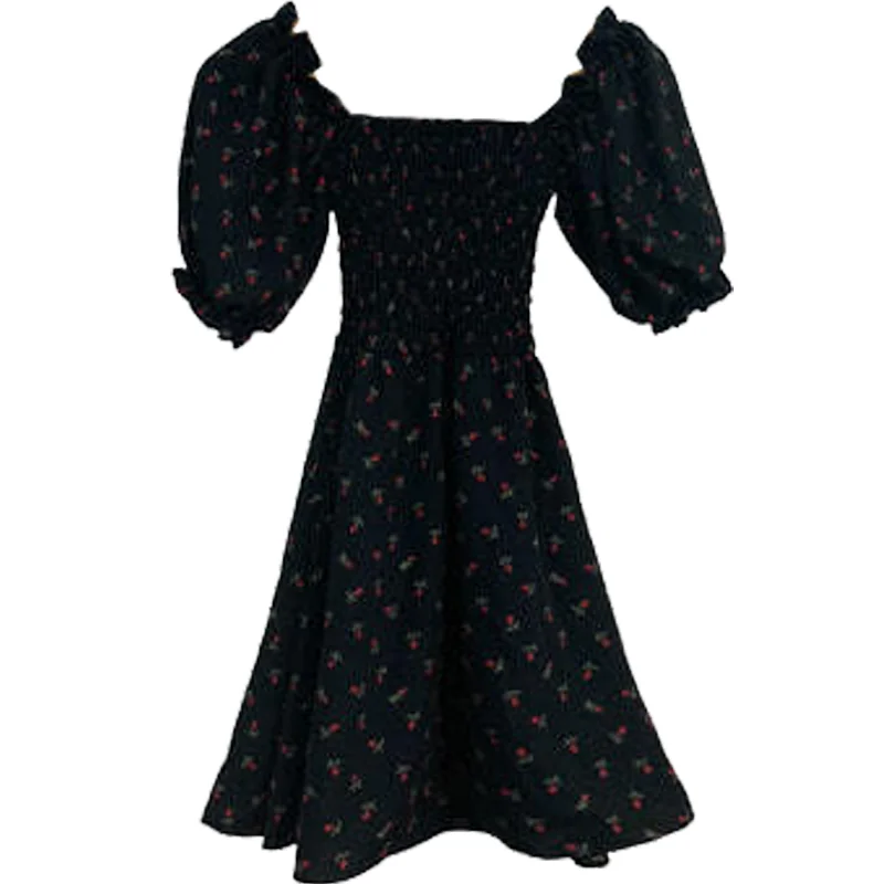 

Summer 2020 Waist Slimming Temperament Square Collar Floral Print Small Student Art Retro Dress for Women Fresh