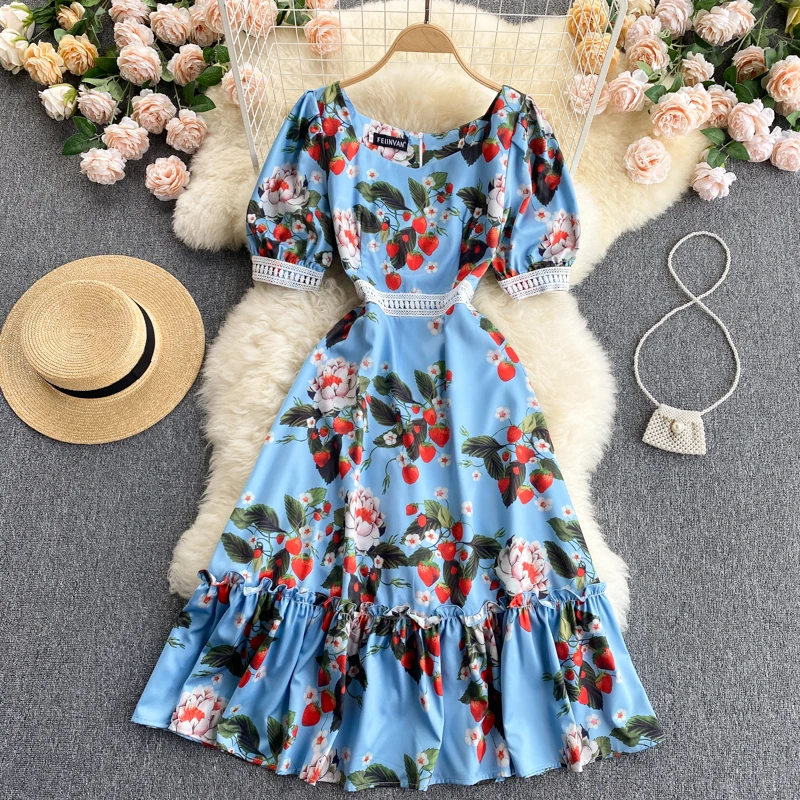 

Europe Style Sweet Print A-line Dress For Women Puff Short Sleeve V Neck Ruffles Summer Elegant Casual Vacation Midi Dresses