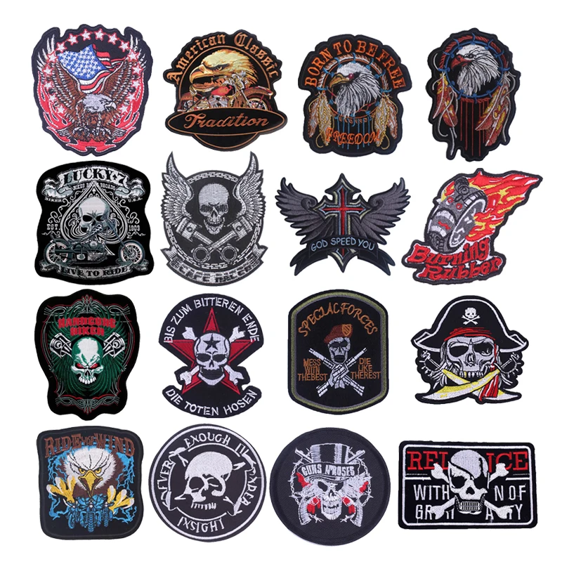 Punk Skull Patches On Clothes Eagle Stripes For Jeans Fusible Badges Embroidery Patch Sewing Stripes Applique Stickers On Fabric