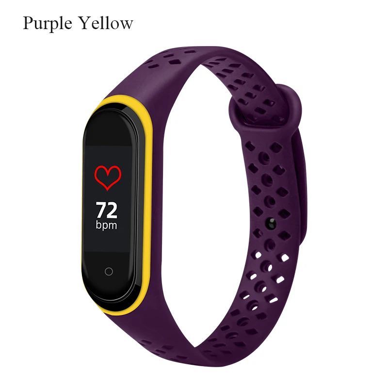 Purple with yellow BOORUI mi Группа 4 ремешок дышащий силиконовый браслет спортивный ремешок для xiaomi mi Группа 4 mi band 3 NFC ремешок на запястье - Цвет: Purple with yellow