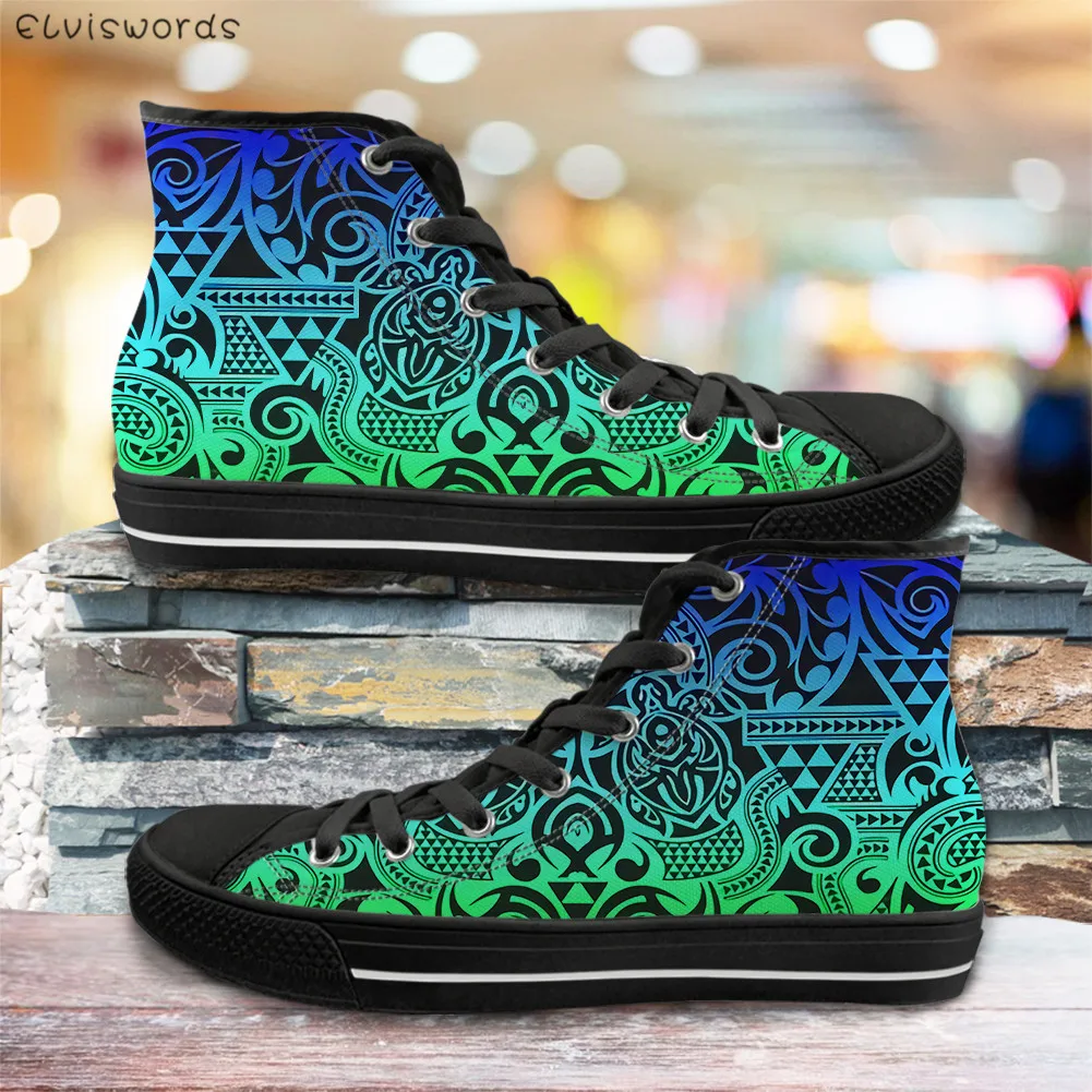 

ELVISWORDS Polynesian Tribal Turtles Gradient Pattern High Top Style Vulcanized Shoes for Women's Casual Ladies Lace Up Sneakers