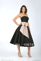 free shipping 2016 new fashion vestidos formal elegant strapless bow black prom gown tea length bridesmaid dresses weddings