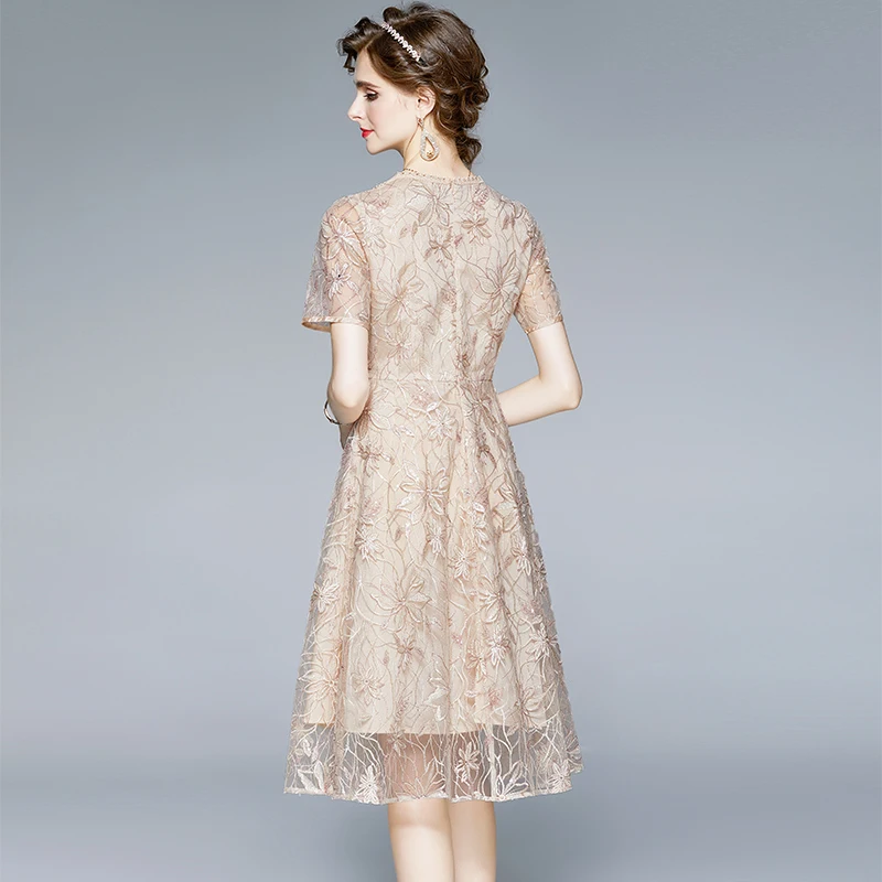 

Simgent Apricot Lace Dress Women Summer Short Sleeve A Line Embroidery Midi Long Elegant High End Dresses Robe Femme SG17134