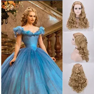 Парик Золушки длиной 60 см с волнистыми волосами, искусственные волосы в стиле центральной части для косплея, для принцессы, Золушки, с шапочкой