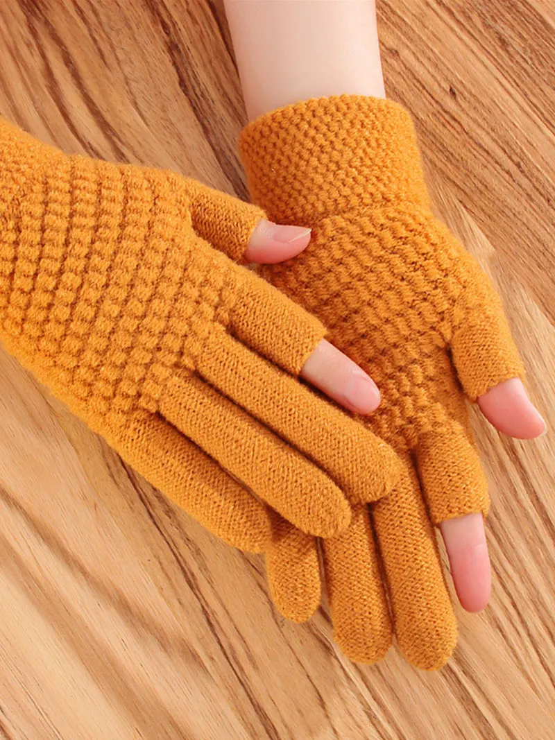 

Winter Men's Two-Finger Exposed Gloves Female Warmth Office Thick Knitted Wool Writing Games Playing Phone Fingerless Gloves